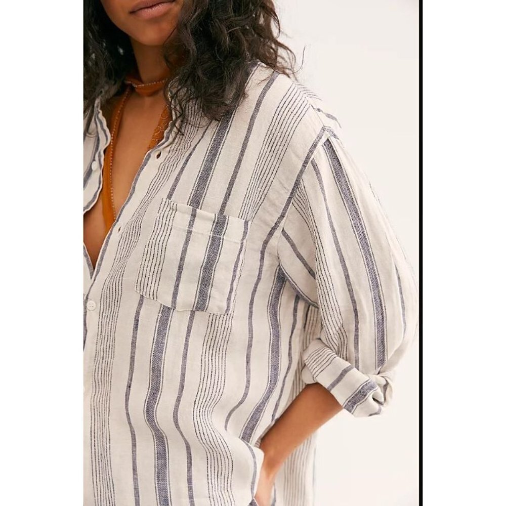 Free People CP Shades Linen Stripe Button-down Shirt Oversized Size XS NEW - Picture 3 of 8